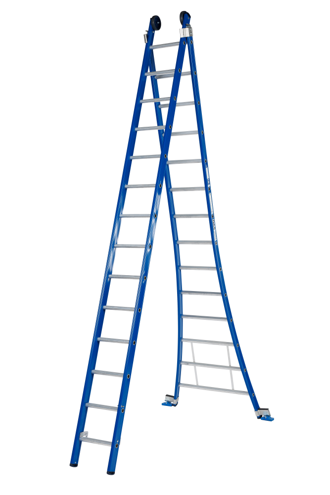 Atlas ladder / 2 x 14, gebogen, blauw, reform, gevelrollen, verbredingsvoet