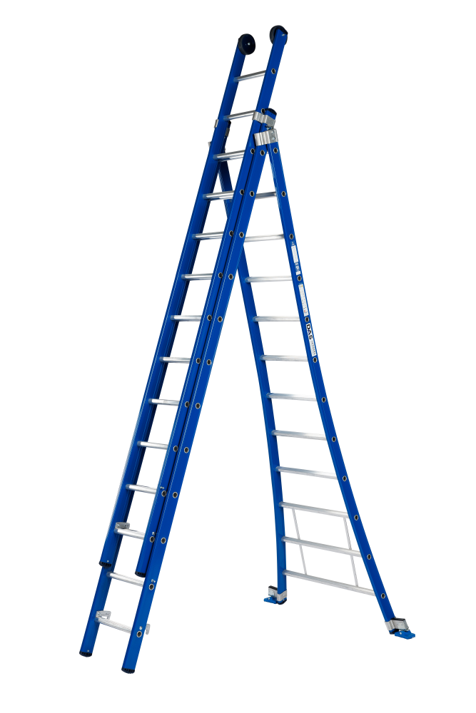 Atlas ladder / 3 x 12, gebogen, blauw, reform, gevelrollen, verbredingsvoet