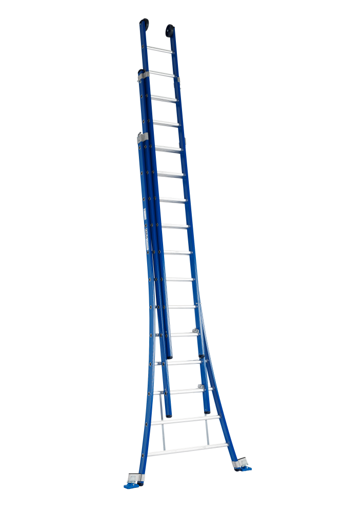 Atlas ladder 3 x 12, gebogen, blauw, reform, gevelrol, verbredingsvoet, dvsp