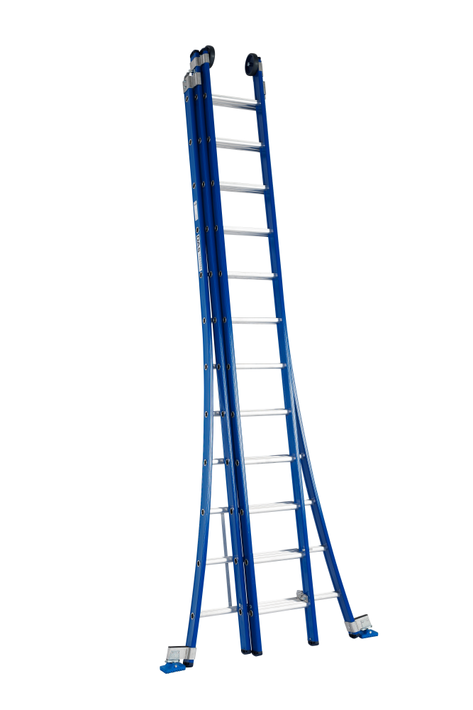 Atlas ladder 3 x 12, gebogen, blauw, reform, gevelrol, verbredingsvoet, dvsp