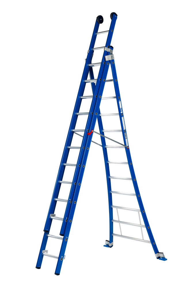 Atlas ladder 3 x 12, gebogen, blauw, reform, gevelrol, verbredingsvoet, dvsp